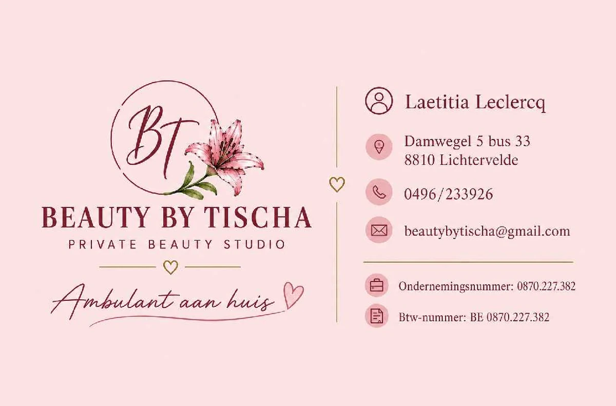 Visitekaartje Beauty by Tischa — ondernemingsnummer en BTW BE 0870.227.382